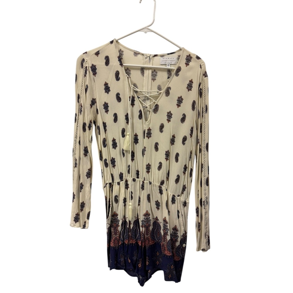 Kendall Kylie Paisley Print Lace Up Romper Cream Navy M
